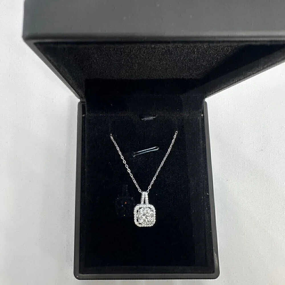 GRA Moissanite Diamond Necklace 2 Ct Pendant Chain Fine Jewelry Halo - Picture 5 of 12